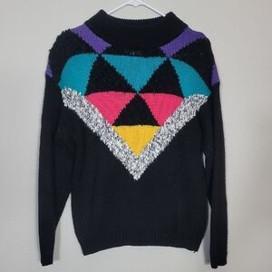 Vintage 80s FitKnit Women Colorblock Sweater Size M Mock Neck Knit Shoulder Pads